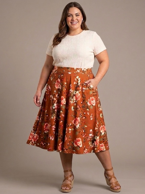 Dresses & Skirts - NWT Plus Size Burnt Orange Floral A-Line Skirt